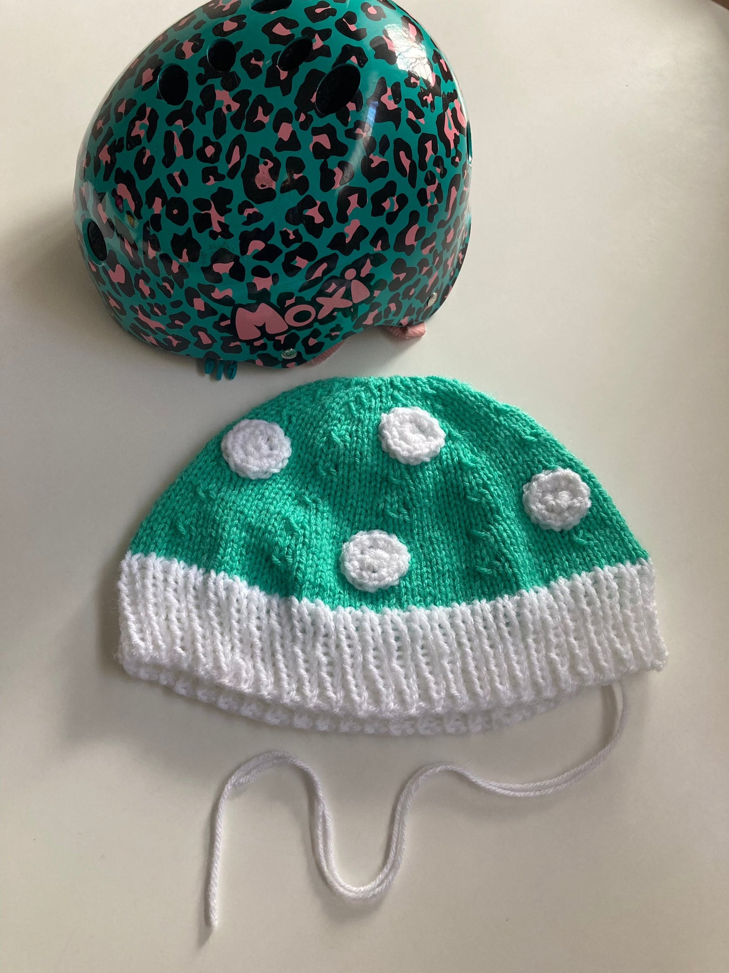 Handknitted and Crocheted Mushroom Helmet Beanie in Mint/Jade Green