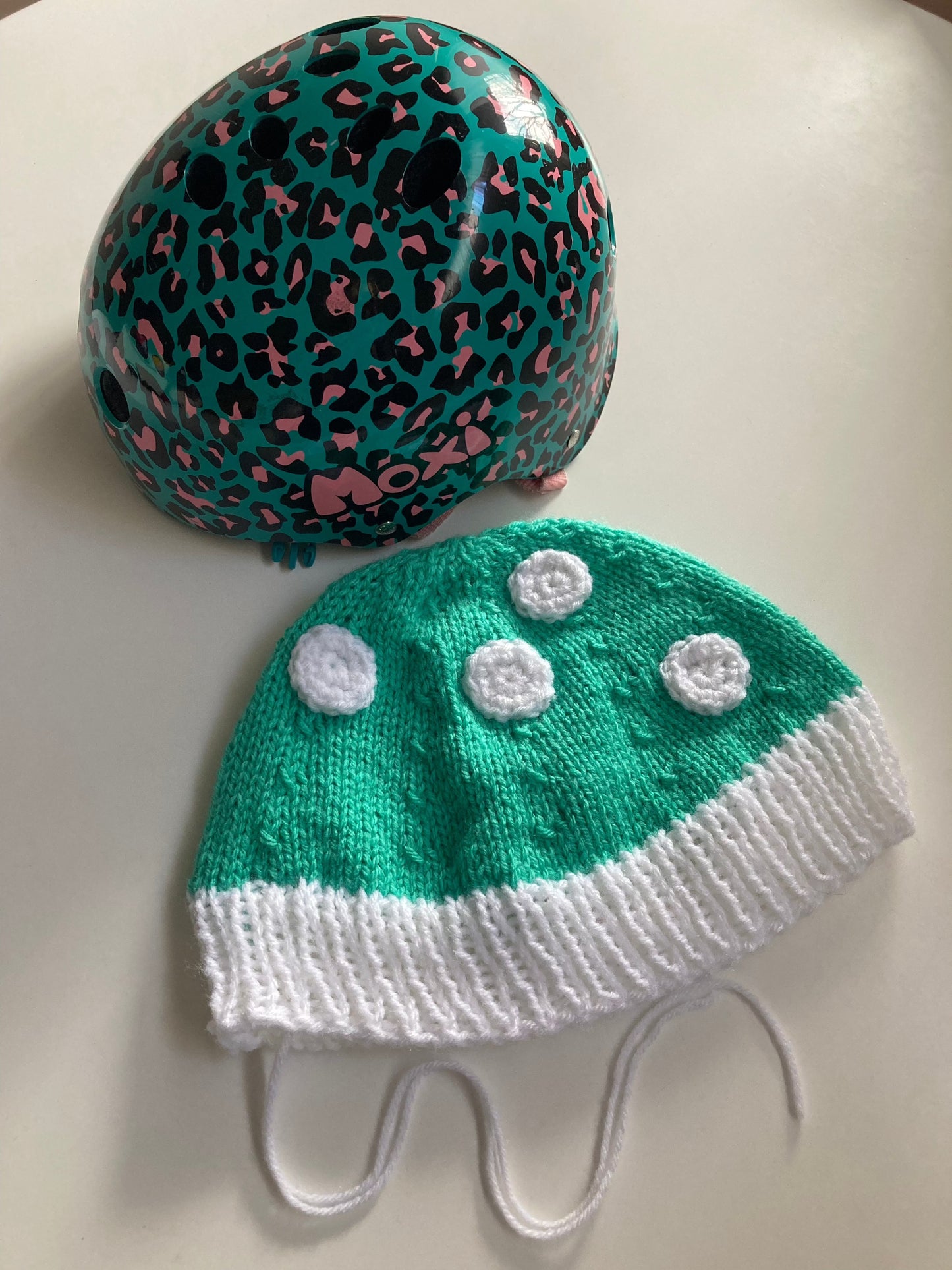 Handknitted and Crocheted Mushroom Helmet Beanie in Mint/Jade Green