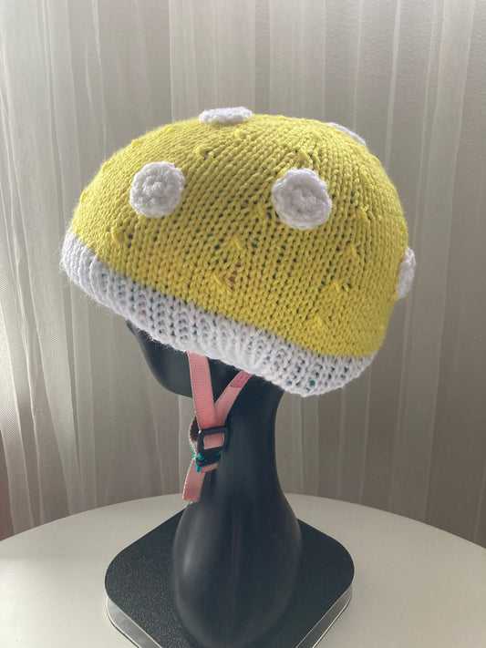 Handknitted and Crocheted Mushroom Helmet Beanie in Neon Yellow