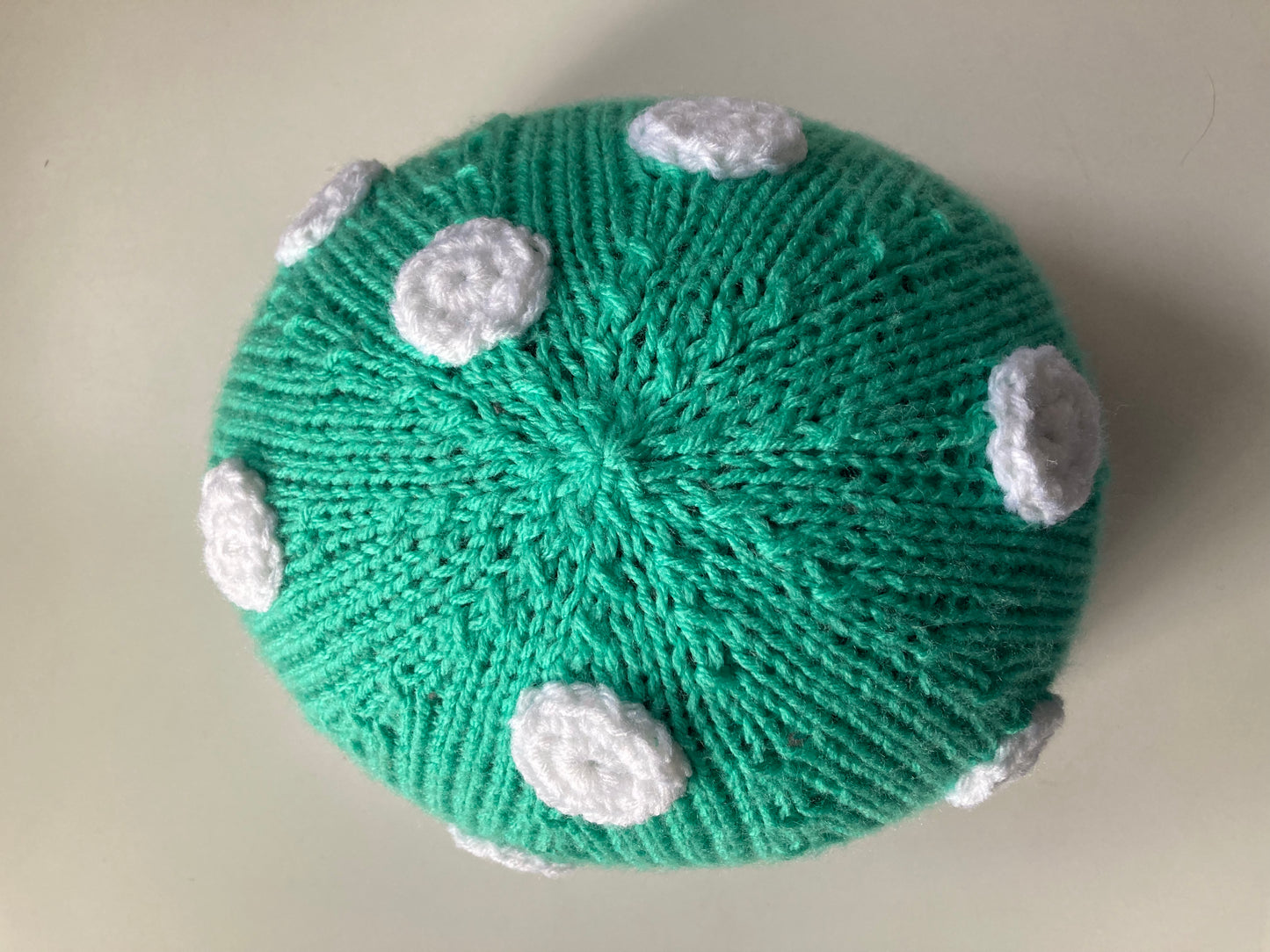 Handknitted and Crocheted Mushroom Helmet Beanie in Mint/Jade Green