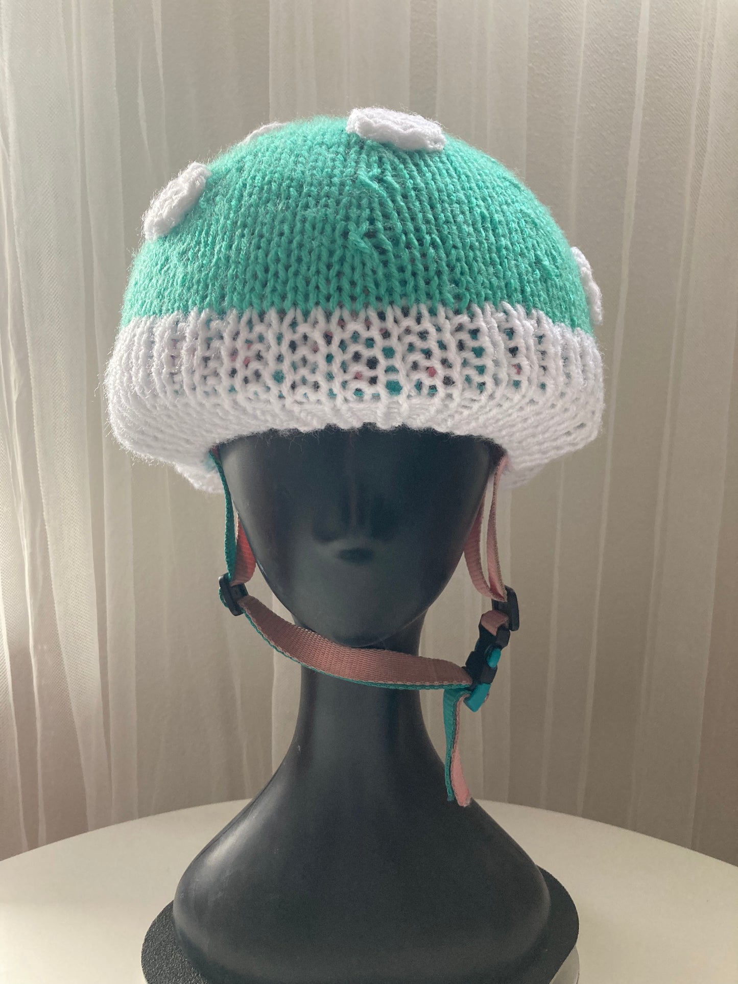 Handknitted and Crocheted Mushroom Helmet Beanie in Mint/Jade Green