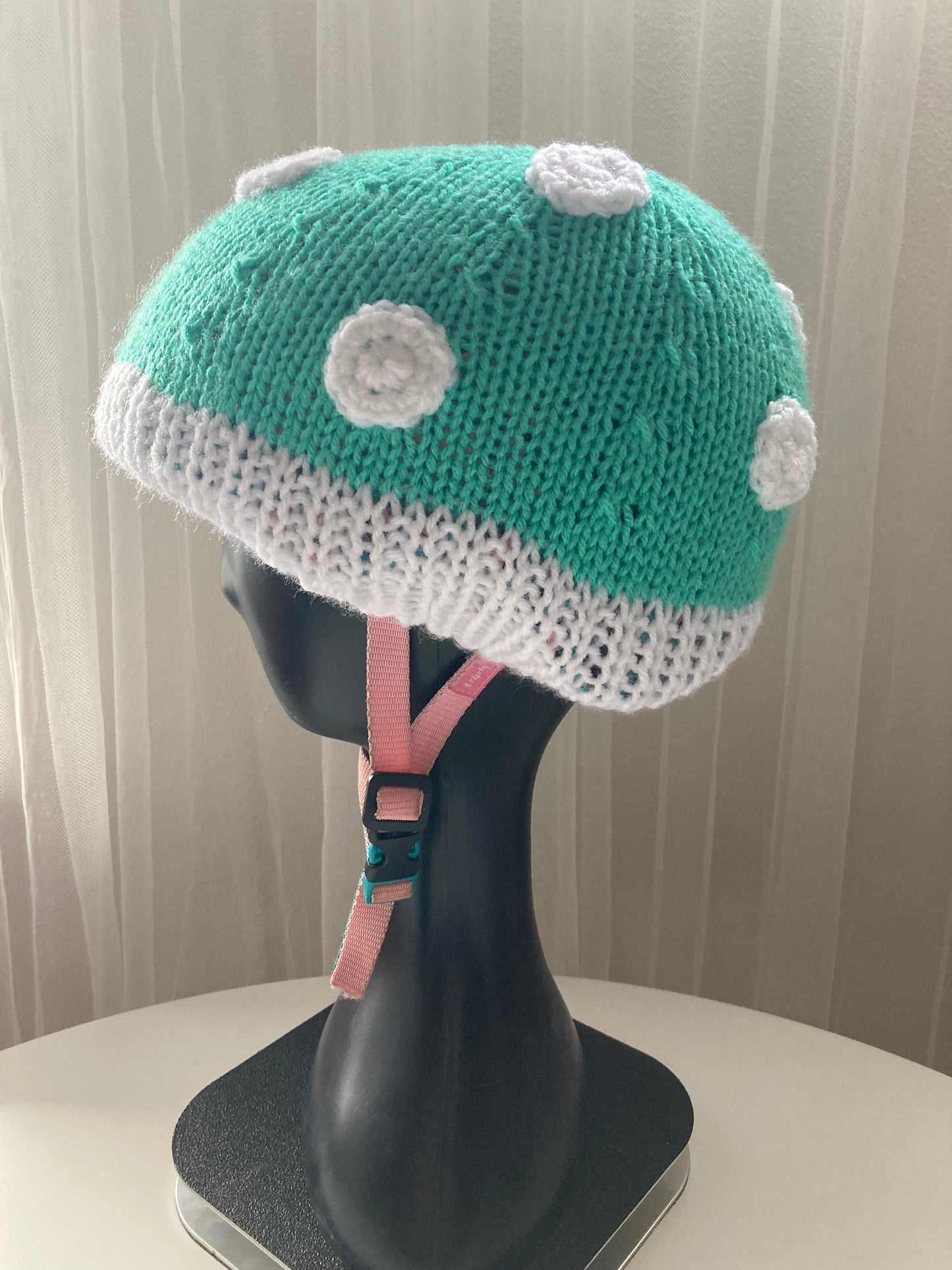 Handknitted and Crocheted Mushroom Helmet Beanie in Mint/Jade Green