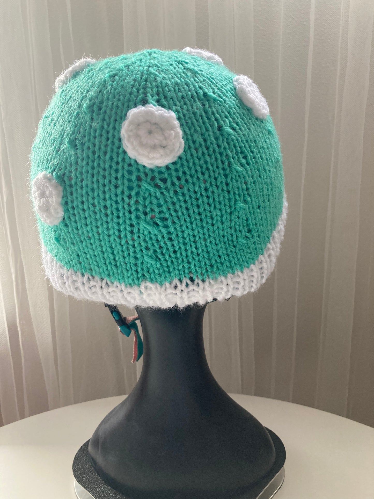 Handknitted and Crocheted Mushroom Helmet Beanie in Mint/Jade Green