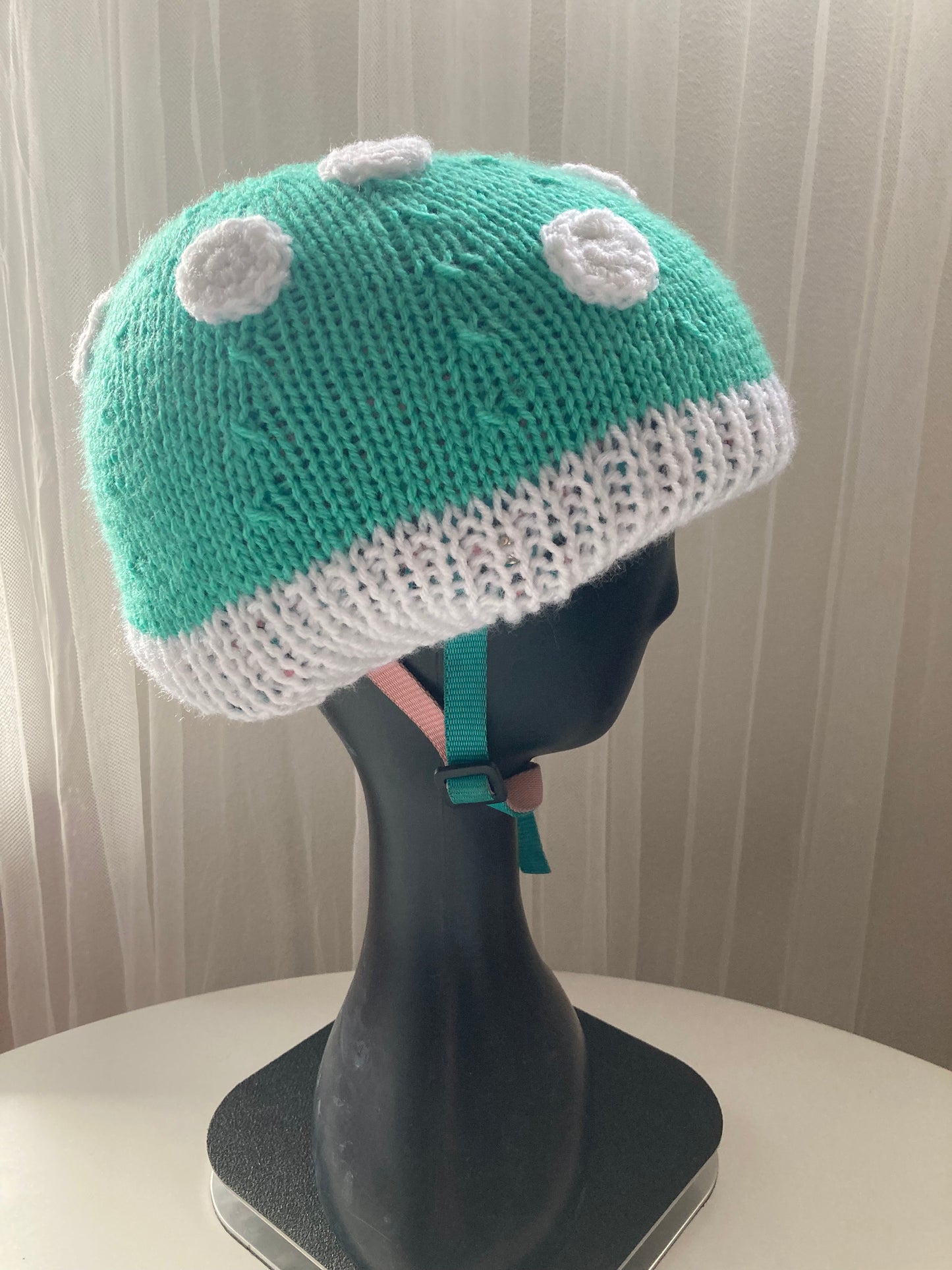 Handknitted and Crocheted Mushroom Helmet Beanie in Mint/Jade Green