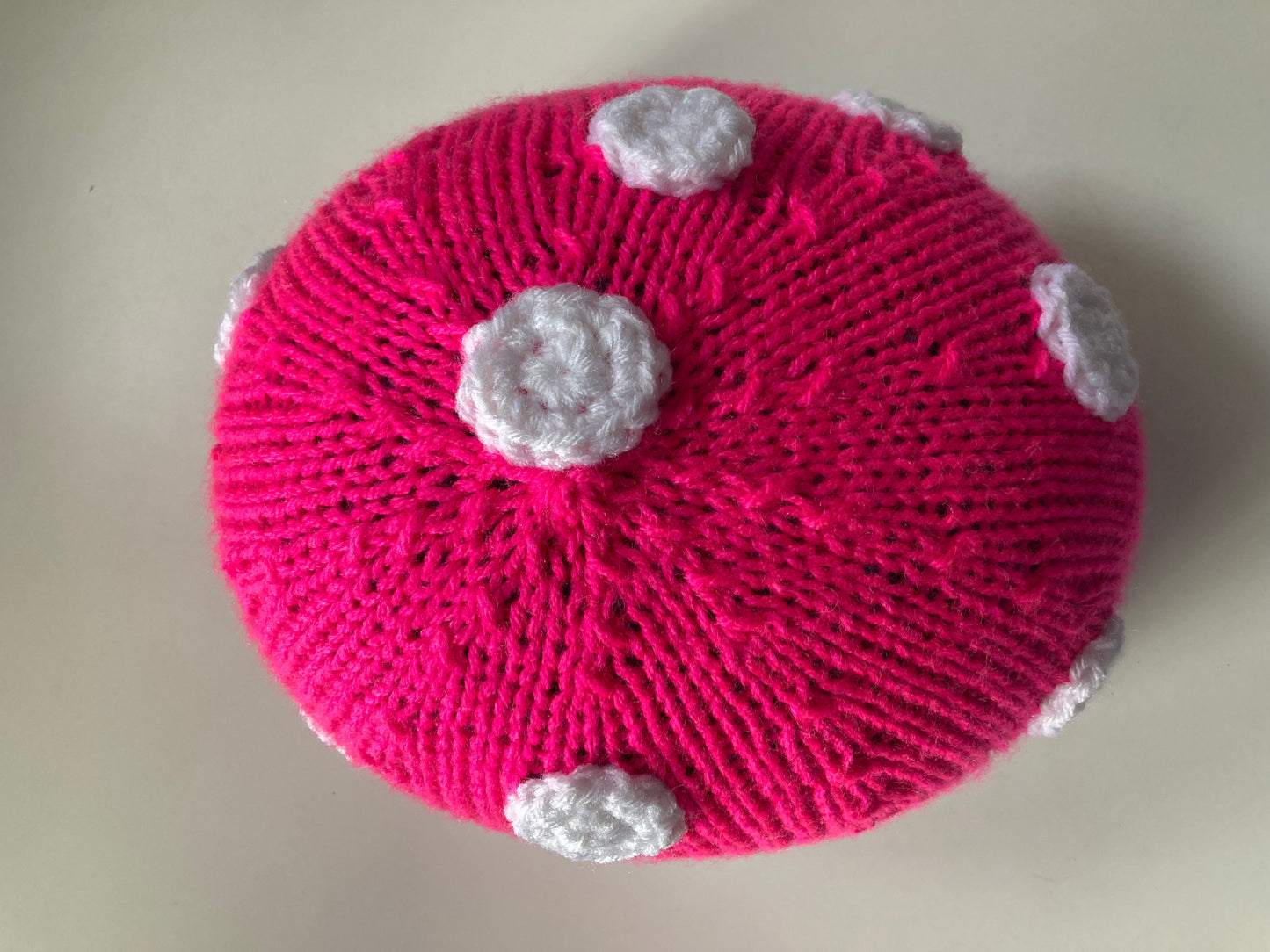 Handknitted and Crocheted Mushroom Helmet Beanie in Neon Pink