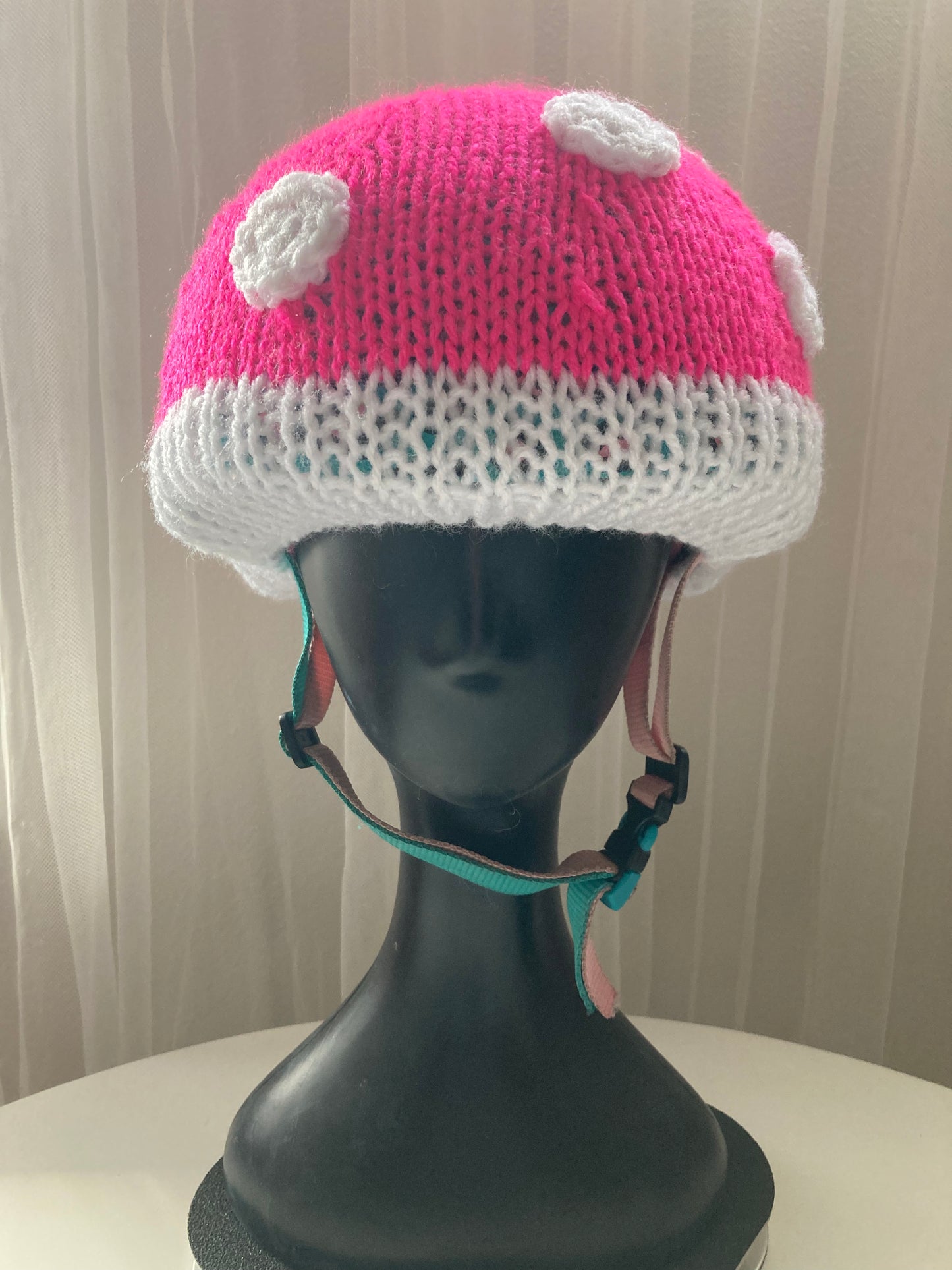 Handknitted and Crocheted Mushroom Helmet Beanie in Neon Pink