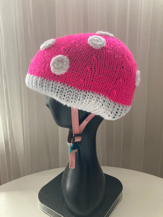 Handknitted and Crocheted Mushroom Helmet Beanie in Neon Pink