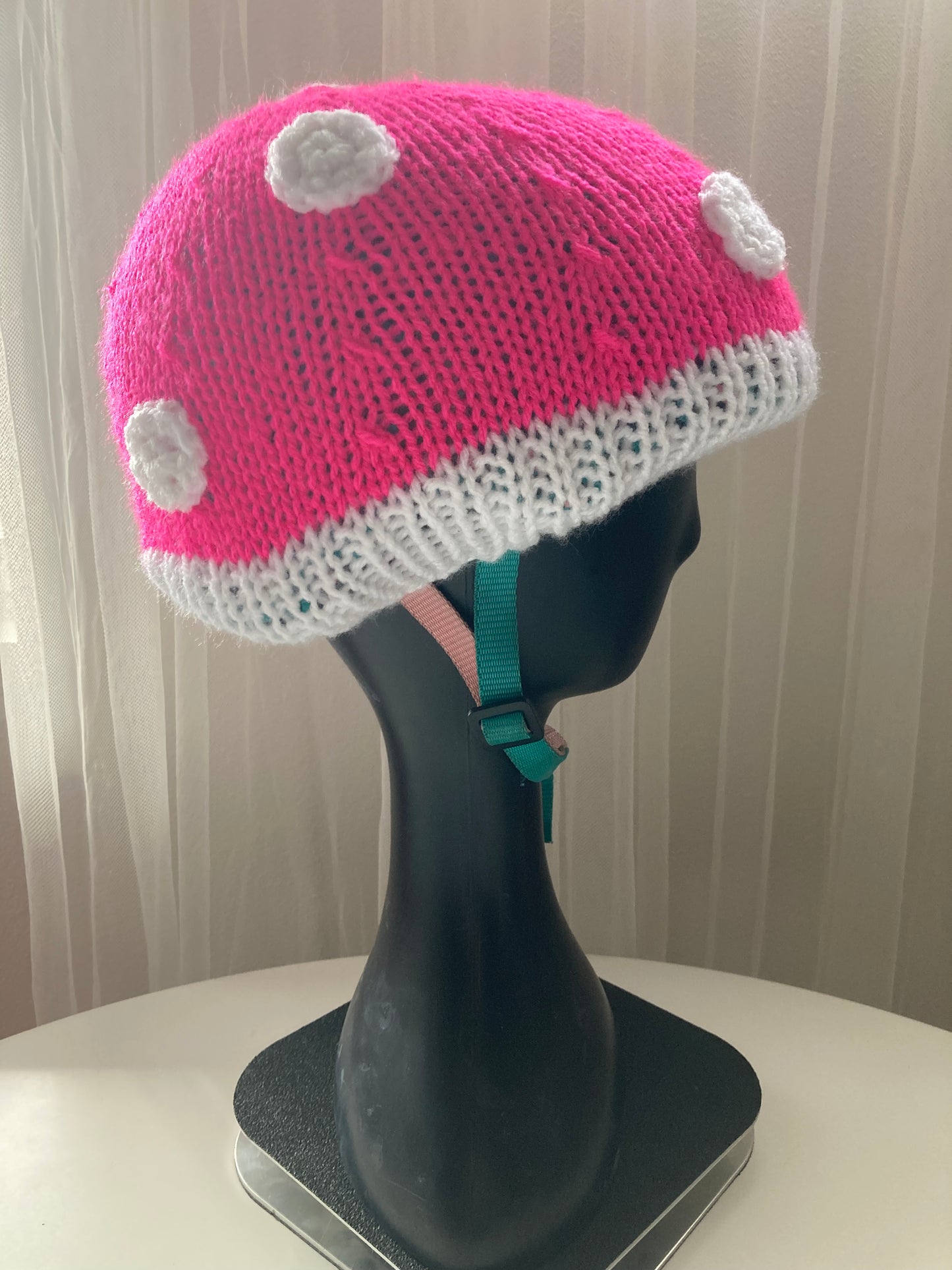 Handknitted and Crocheted Mushroom Helmet Beanie in Neon Pink